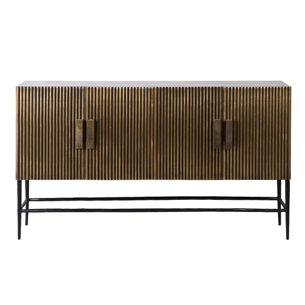 Four-door brass sideboard with a dark raised base