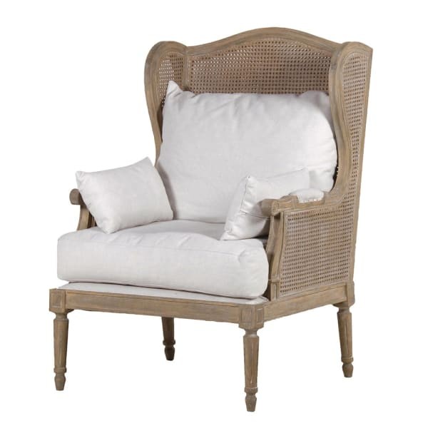 Manila Chair, oak wood, 116 cm, with white linen and cotton cushions