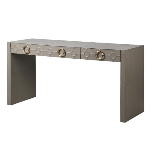 Grey Leather Console 153 cm with three decorative stitched drawers