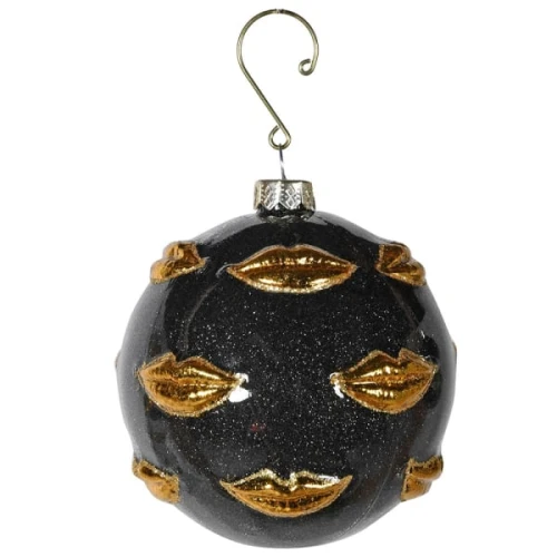 Gold Lips Glass Christmas Baubles 8 cm – Set of 6 Black and Gold Ornaments
