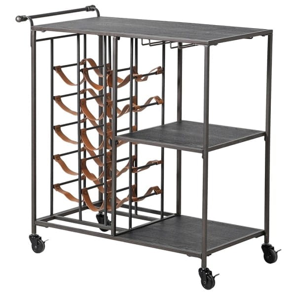 Loft Drinks Trolley with Leather Wine Rack - 85 cm, Bronze and Black Iron Frame