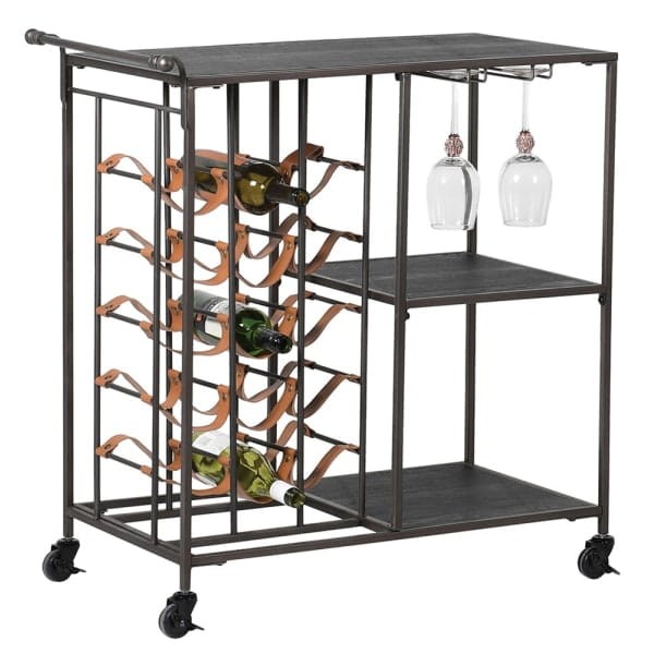 Loft Drinks Trolley with Leather Wine Rack - 85 cm, Bronze and Black Iron Frame