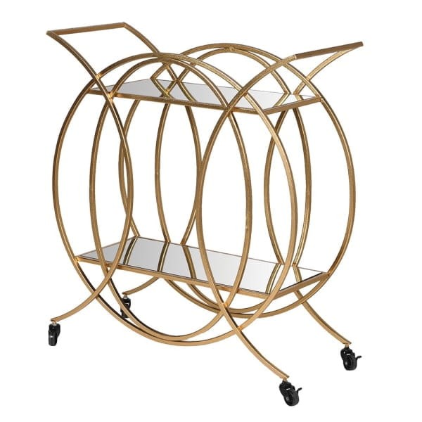 Liquor trolley - drinks table Circle 82 cm, golden frame, mirrored surfaces