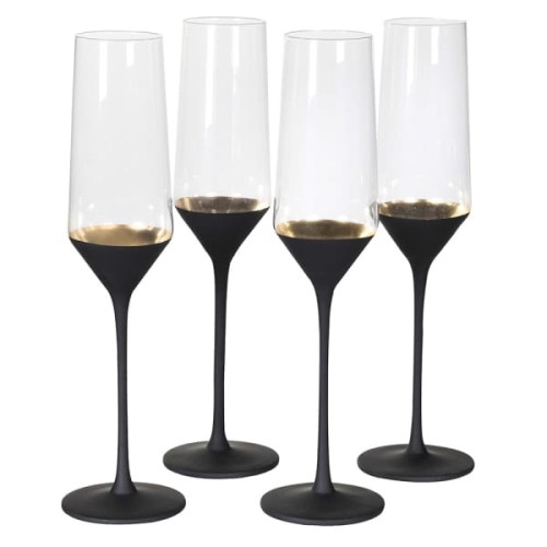 Chelsea Champagne Flutes with Black Stems and Gold Interior – Set of Eight
