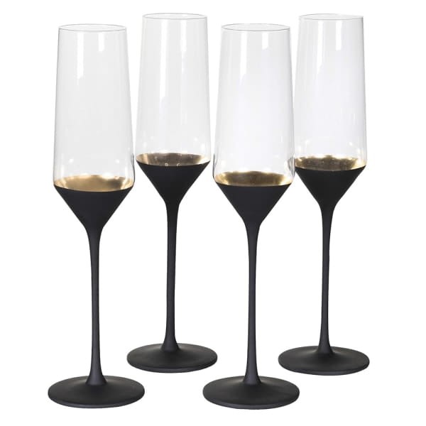 Chelsea Champagne Flutes with Black Stems and Gold Interior – Set of Eight