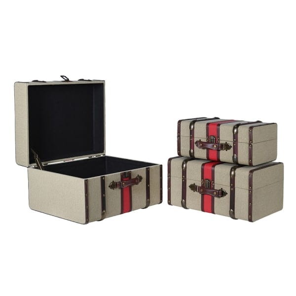 Beige decorative storage trunks with brown and red vintage details