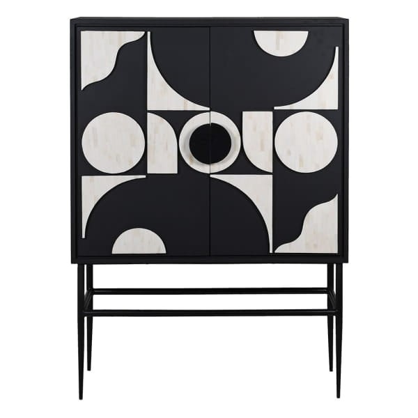 Geo two-door bar cabinet on a tall black iron stand