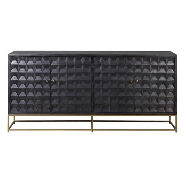 Four-door dark wood sideboard with geometric carved fronts