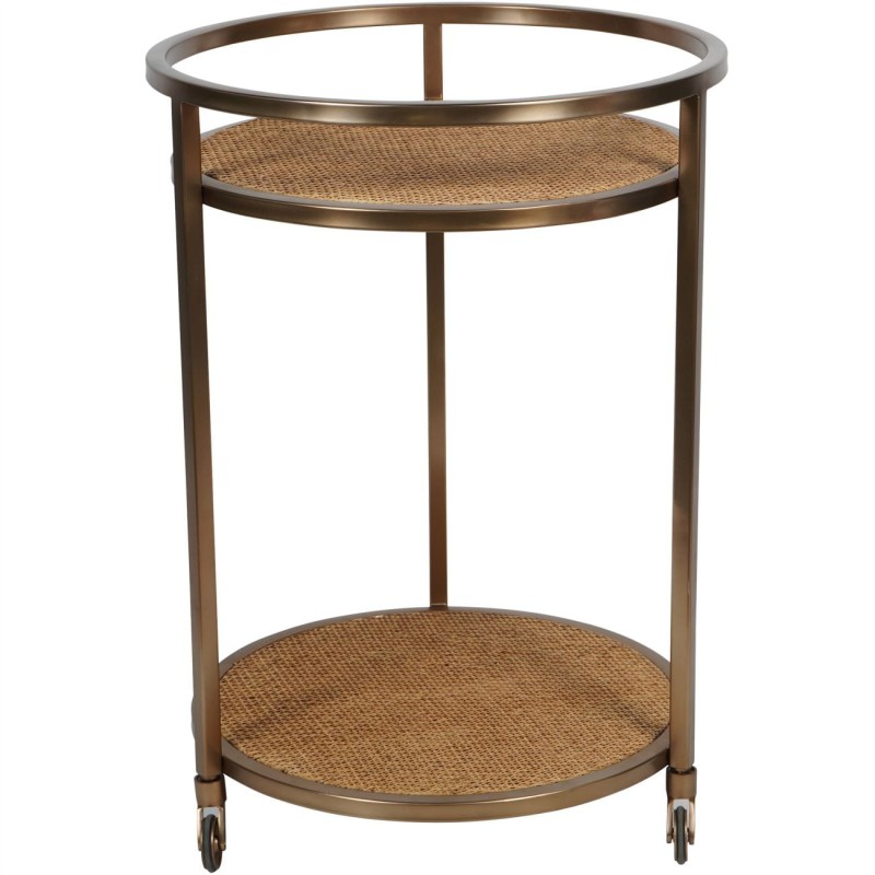 Brass Rattan Drinks Trolley with Two Glass Shelves and Wheels