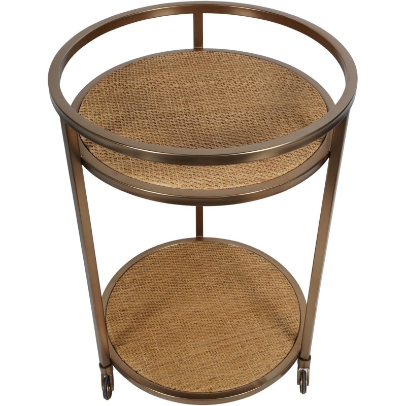 Brass Rattan Drinks Trolley with Two Glass Shelves and Wheels