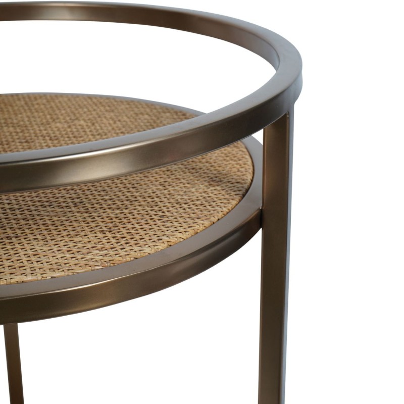 Brass Rattan Drinks Trolley with Two Glass Shelves and Wheels