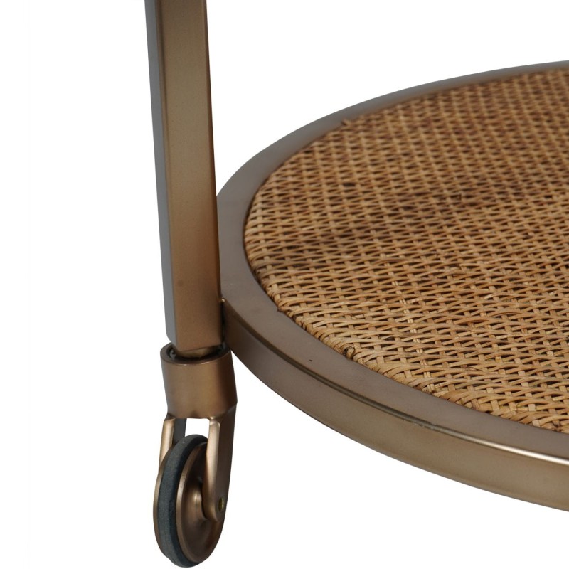 Brass Rattan Drinks Trolley with Two Glass Shelves and Wheels