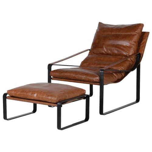 Chester Brown Leather Armchair with Footstool and Black Iron Frame