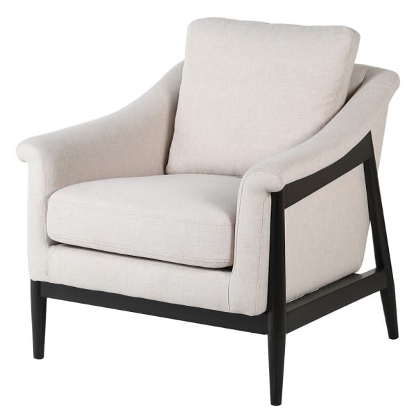 Memphis II white linen armchair with black wooden frame