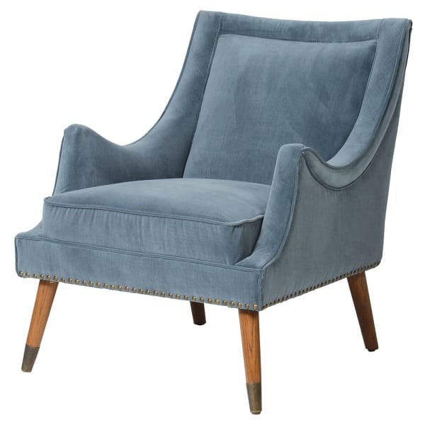 Accord Blue Velvet Chair with Oak Legs and Golden Accents