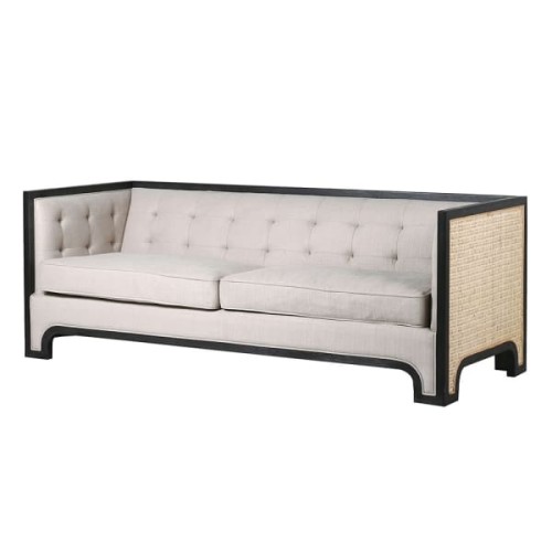Leicester 200 cm Sofa with Black Oak Frame and Rattan Sides, Light Quilted Cushions