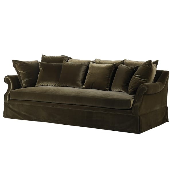 Three-Seater Olive Velvet Sofa, 100% Cotton, 240 cm Width, Comfortable Cushions