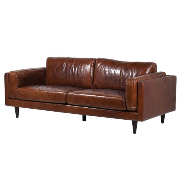 Classic Brown Leather Three-Seater Sofa with Plush Cushions - 218 cm