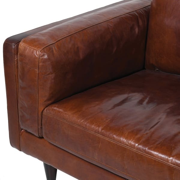 Classic Brown Leather Three-Seater Sofa with Plush Cushions - 218 cm