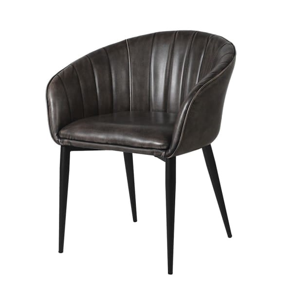 Grey faux leather dining chair with curved backrest and black steel legs