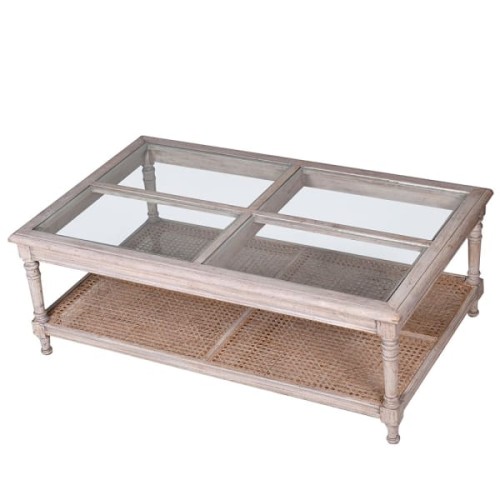 Empire Acacia Wooden Coffee Table with Decorative Rattan Glass Top - 130x80 cm