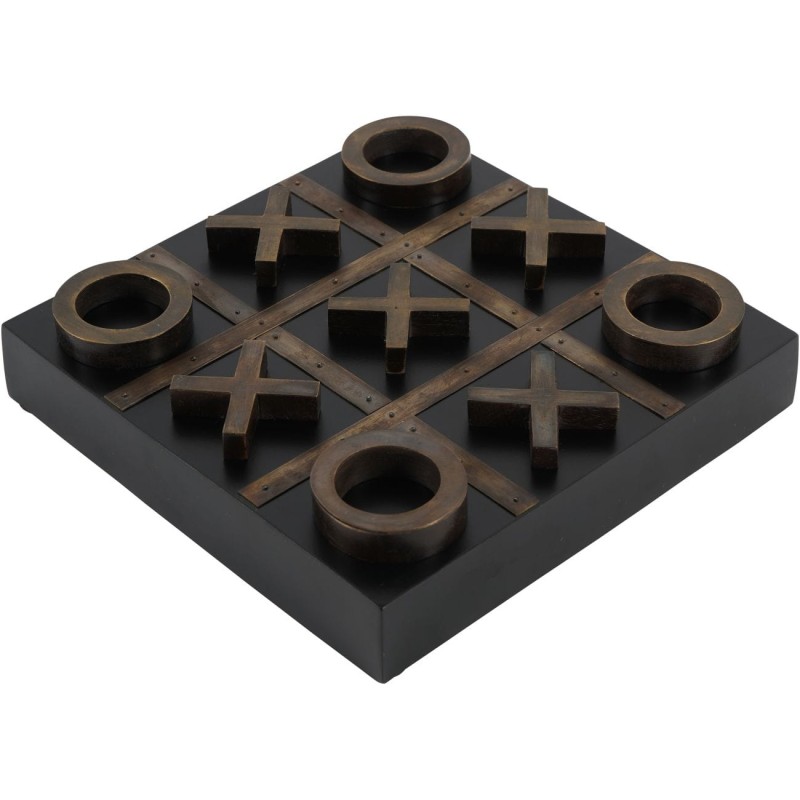 Dark wooden game board with antique brass playing pieces