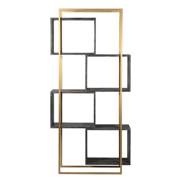 Tall geometric shelving unit with a gold-toned iron frame