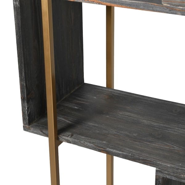 Tall geometric shelving unit with a gold-toned iron frame