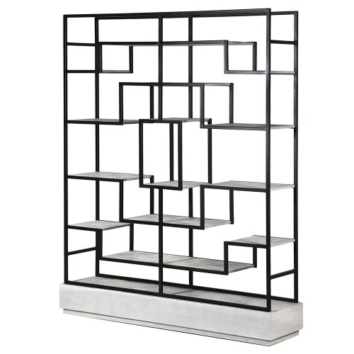 Light Oak Shelving Unit: 200 cm, Black Iron Frame, Multiple Internal Shelves.