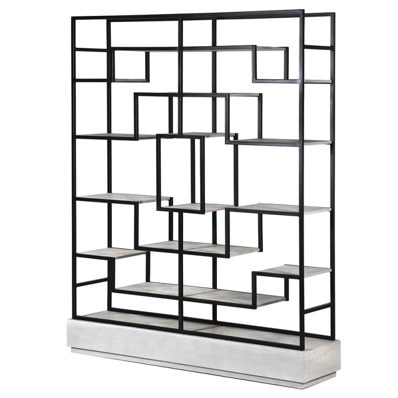 Light Oak Shelving Unit: 200 cm, Black Iron Frame, Multiple Internal Shelves.
