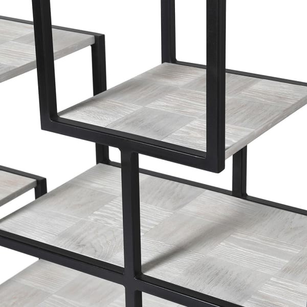 Light Oak Shelving Unit: 200 cm, Black Iron Frame, Multiple Internal Shelves.