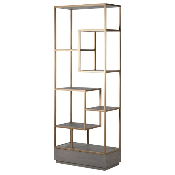 Camile Oak Shelf Unit 211x80 cm, in a grey oak finish with an iron frame painted in a brass colour