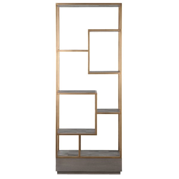 Camile Oak Shelf Unit 211x80 cm, in a grey oak finish with an iron frame painted in a brass colour