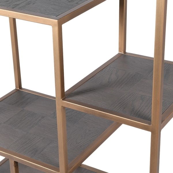 Camile Oak Shelf Unit 211x80 cm, in a grey oak finish with an iron frame painted in a brass colour