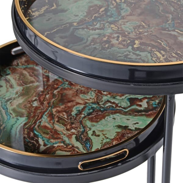 Halycon Black and Green Side Tables with iron frame and tray marble effect top