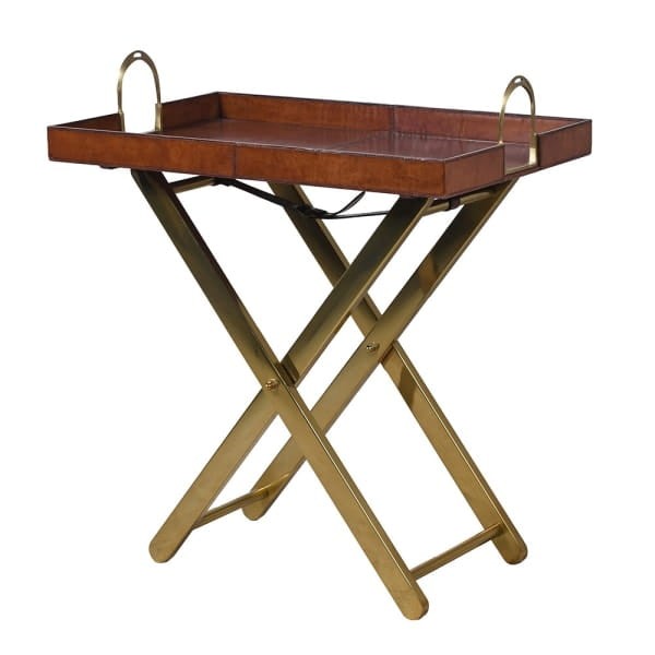 Bardem Brown Tray Table 69x79 cm - Japuir Natural Leather, Gold Base