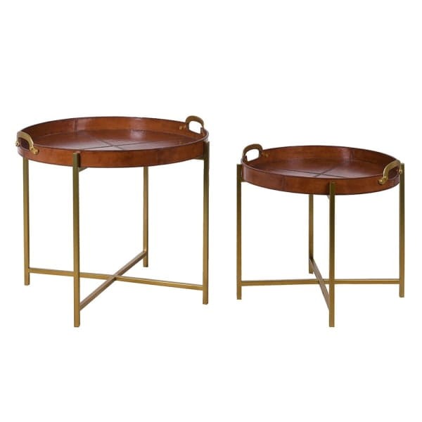 Bardem Brown Round Tray Tables - Japuir Natural Leather with Gold Base