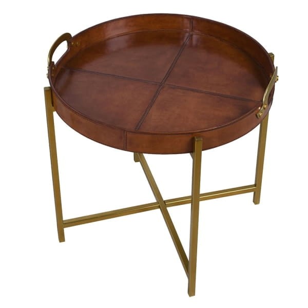 Bardem Brown Round Tray Tables - Japuir Natural Leather with Gold Base