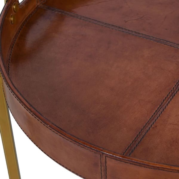 Bardem Brown Round Tray Tables - Japuir Natural Leather with Gold Base