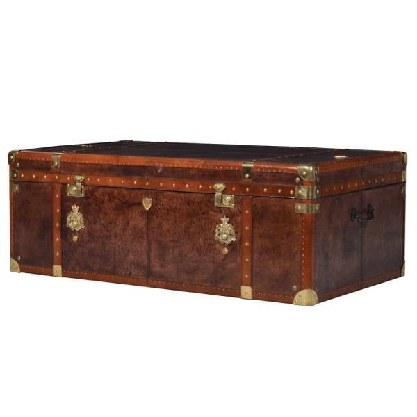 Leather trunk coffee table in brown with brass detailing – luxury storage coffee table