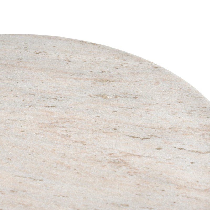 Round dining table with white marble top and brown pedestal