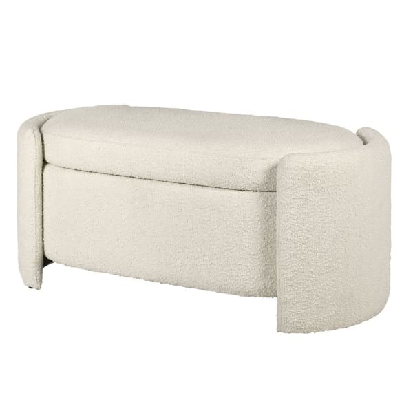 Cream bouclé upholstered storage bench for bedroom with lift-up lid