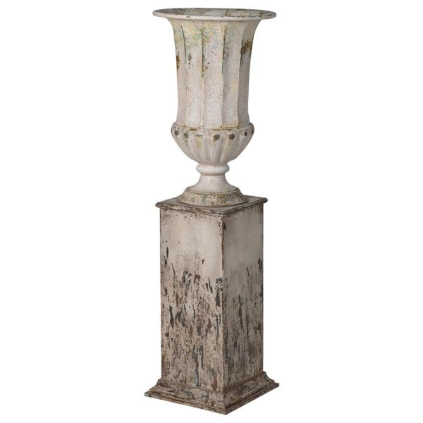 Aged Bremner iron urn planter 129cm on a pedestal