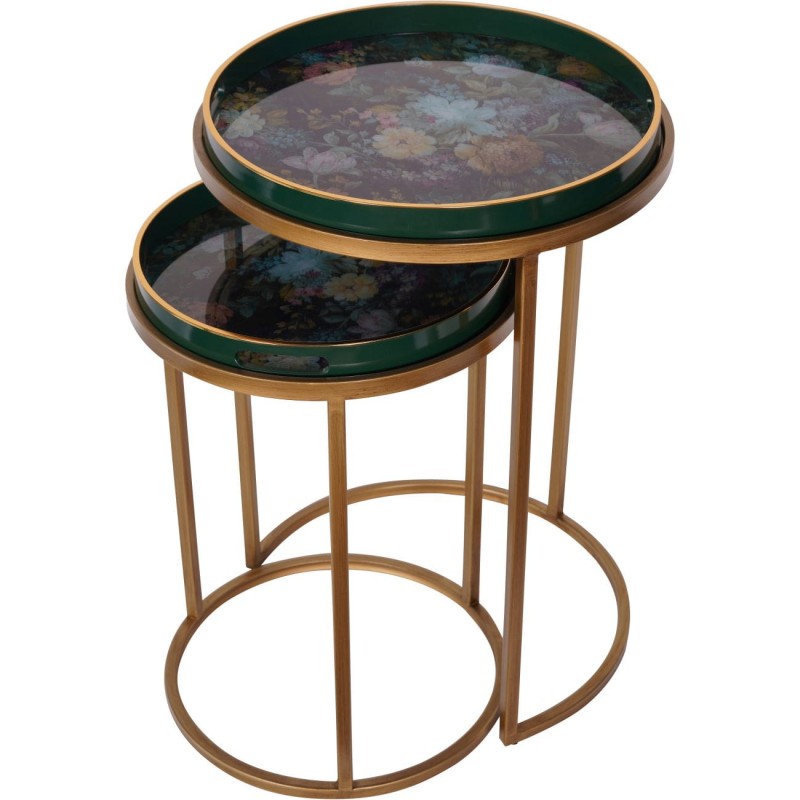 Golden Flower Green Side Tables - 69cm, Removable Trays, Iron Base