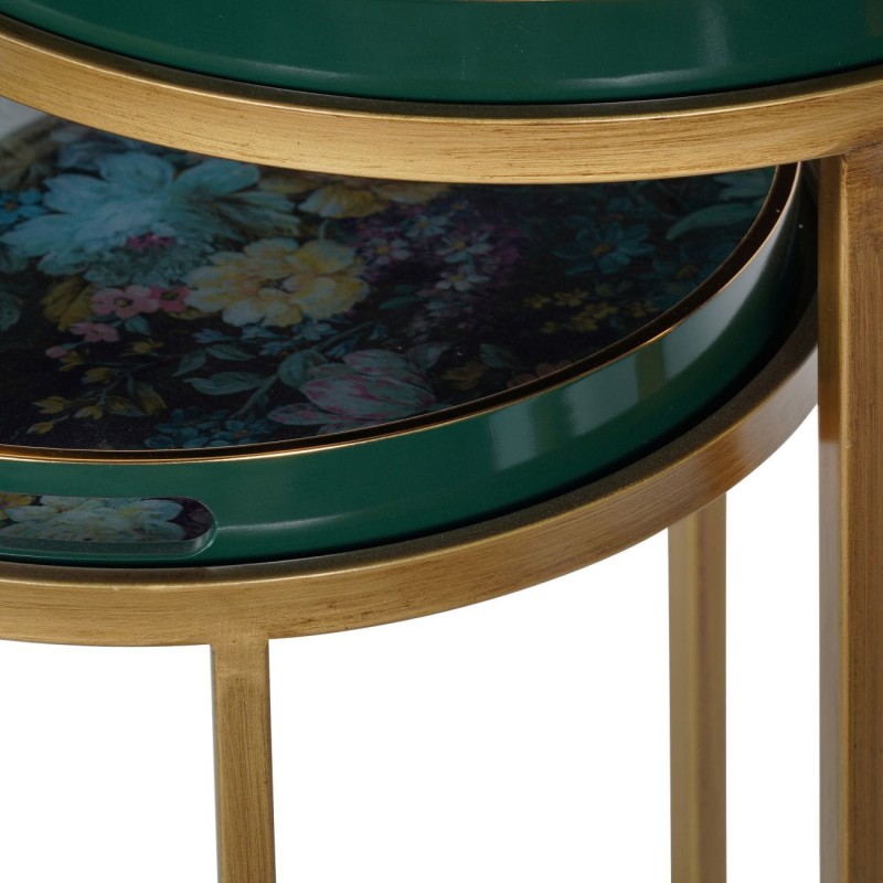Golden Flower Green Side Tables - 69cm, Removable Trays, Iron Base