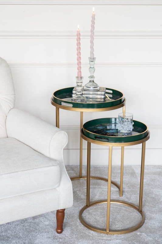 Dwa stoliki boczne Flower Green 69cm złote ze zdejmowanym blatem taca żelazo