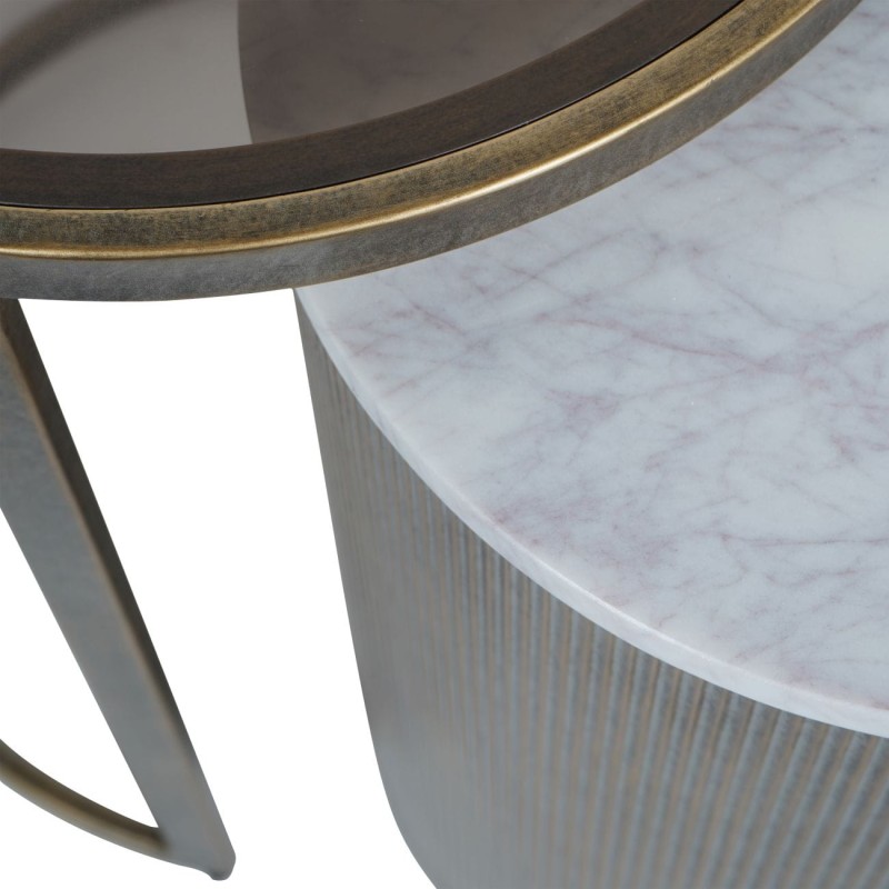 Antique gold side tables with glass and marble surfaces