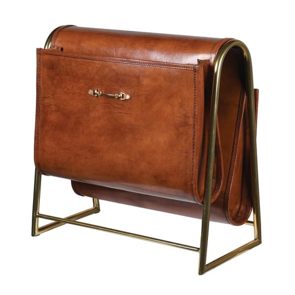 Chester Leather Magazine Rack 38 cm with Natural Brown Leather and Stainless Steel Frame