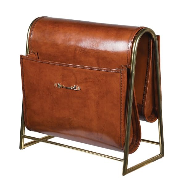 Chester Leather Magazine Rack 38 cm with Natural Brown Leather and Stainless Steel Frame