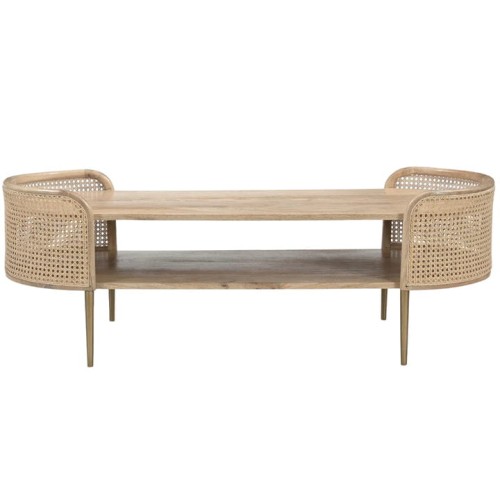 Taba Wooden Coffee Table - 127x50 cm, Oval Wood and Rattan Top
